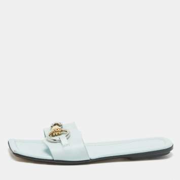 Lanvin Blue Leather Embellished Flat Slides Size 38