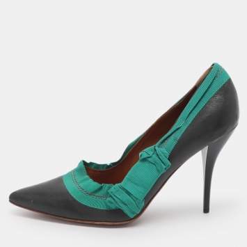 Pre Owned Lanvin Size 40 Black/Green Fabric and Leather Pumps
