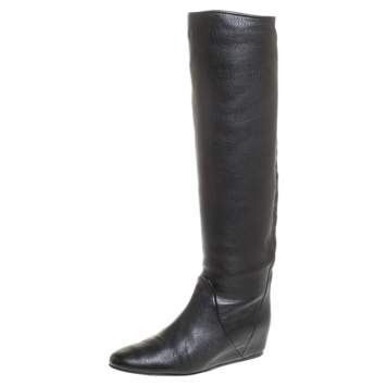Pre Owned Lanvin Black Leather Knee Length Wedge Boots Size 37