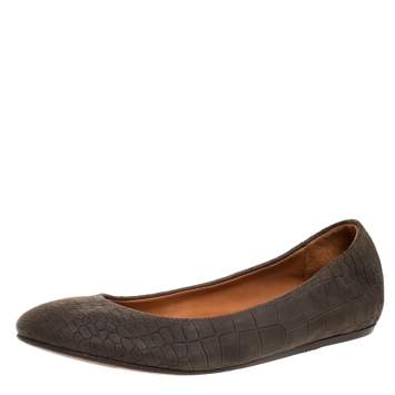 Pre Owned Lanvin Green Croc Embossed Leather Ballet Flats Size 36.5