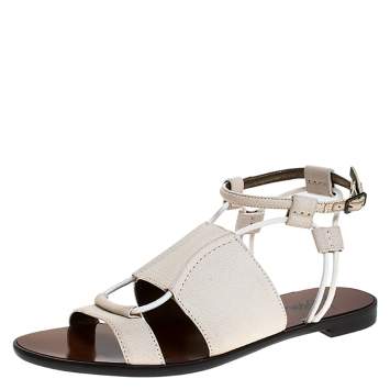 Pre Owned Lanvin Ivory Leather And Elastic Cord Ankle Strap Flat Sandals Size 36