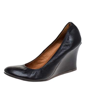 Pre Owned Lanvin Black Leather Scrunch Wedge Pumps Size 37