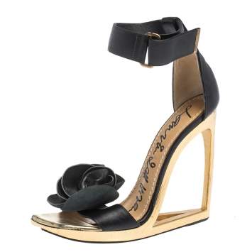 Pre Owned Lanvin Metallic Frame Wedge And Black Leather Flower Embellished Sandals Size 38