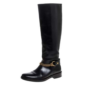 Pre Owned Lanvin Black Leather Chain Embellished Knee High Boots Size 36.5