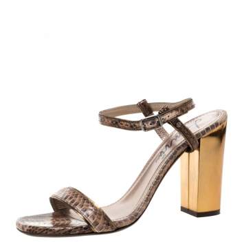 Pre Owned Lanvin Brown Python Leather Block Heel Ankle Strap Sandals Size 39