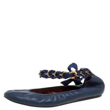 Pre Owned Lanvin Blue Leather And Ribbon Ankle Spring Ring Chain Ballet Flats Size 38.5