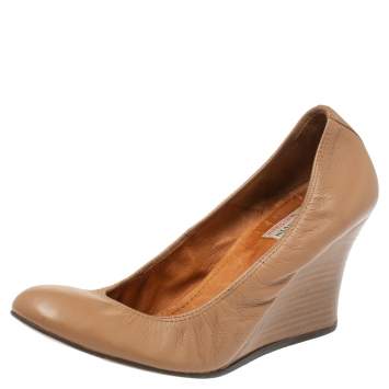 Pre Owned Lanvin Nude Beige Leather Scrunch Wooden Wedge Pumps Size 40