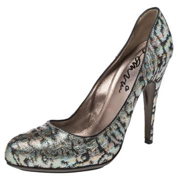 Pre Owned Lanvin  Multicolor Shimmer Fabric Slip On Pumps Size 38.5