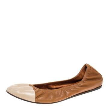 Pre Owned Lanvin Brown/White Leather Scrunch Ballet Flats Size 42