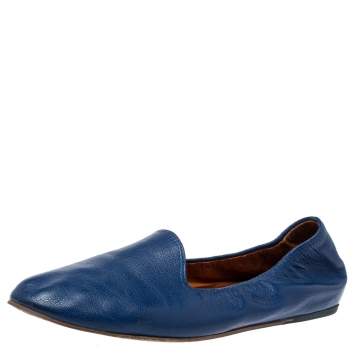 Pre Owned Lanvin Blue Leather Scrunch Smoking Slippers Size 37.5