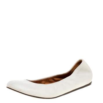 Pre Owned Lanvin White Leather Scrunch Ballet Flats Size 37.5