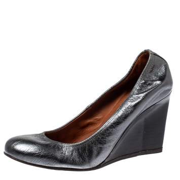 Pre Owned Lanvin Metallic Grey Leather Scrunch Wedge Pumps Size 37