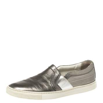 Pre Owned Lanvin Metallic Grey Leather Slip On Sneakers Size 37