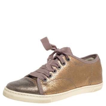 Pre Owned Lanvin Metallic Bronze Textured Leather Cap Toe Sneakers Size 36