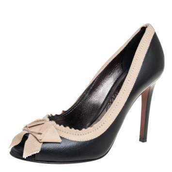 Pre Owned Lanvin Black Leather And Fabric Grosgrain Bow Peep Toe Pumps Size 38