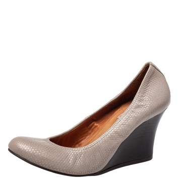 Pre Owned Lanvin Grey Textured Leather Scrunch Wedge Pumps Size 39