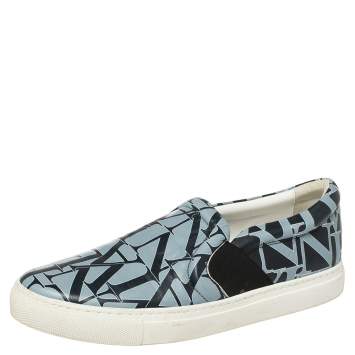 Pre Owned Lanvin Blue Logo Print Leather Slip On Sneakers Size 38