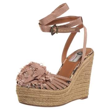 Pre Owned Lanvin Pink Fabric Flower Espadrilles Wedge Size 39