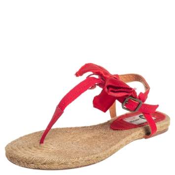 Pre Owned Lanvin Red Leather And Satin Bow Espadrille Thong Flat Sandals Size 39