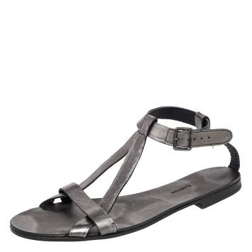Pre Owned Lanvin Metallic Grey Leather Ankle Strap Flat Sandals Size 40