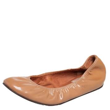Pre Owned Lanvin Tan Patent Leather Scrunch Ballet Flats Size 38