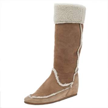 Pre Owned Lanvin Beige/Cream Suede And Shearling Fur Mid Calf Wedge Boots Size 37.5