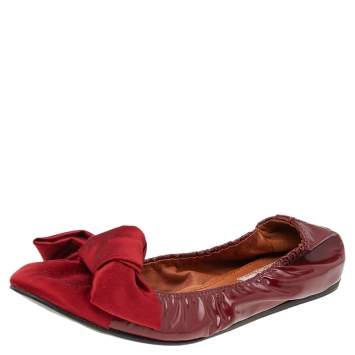 Pre Owned Lanvin Red Satin And Leather Bow Scrunch Ballet Flats Size 38