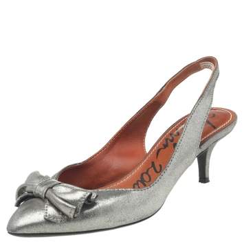 Pre Owned Lanvin Metallic Grey Fabric Bow Sandals Size 36