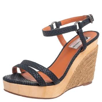 Pre Owned Lanvin Black Python Embossed Leather Strap Wedge Sandals Size 38.5
