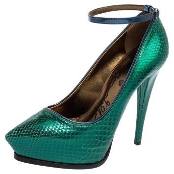 Pre Owned Lanvin Green/Blue Snakeskin Leather Pointed-Toe Ankle-Strap Pumps Size 38