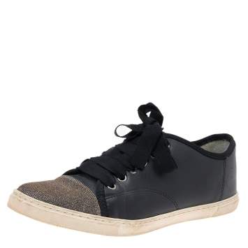 Pre Owned Lanvin Black Leather And Lurex Fabric Low Top Sneakers Size 38