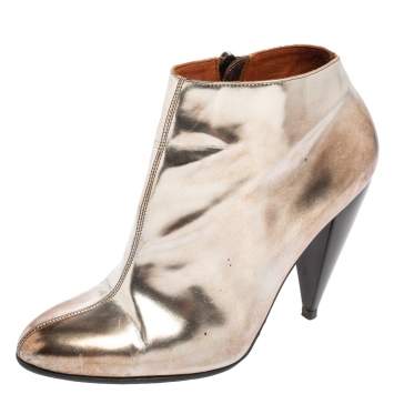 Pre Owned Lanvin Silver/Brown Leather Pointed Toe Booties Size 37.5