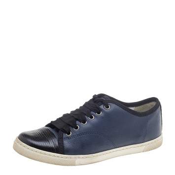Pre Owned Lanvin Black/Navy Blue Lizard Embossed and Leather Low Top Sneakers Size 36