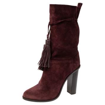 Pre Owned Lanvin Burgundy Suede Tassel Mid Calf Boots Size 40