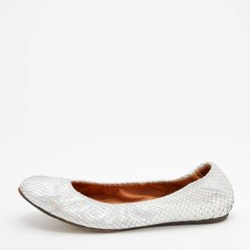 Pre Owned Lanvin Silver Snakeskin Embossed Leather Ballet Flats Size 38