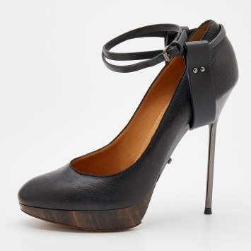 Pre Owned Lanvin Black Leather Ankle Strap Platform Pumps Size 40