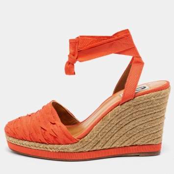 Pre Owned Lanvin Orange Fabric Espadrilles Wedge Ankle Wrap Sandals Size 40 