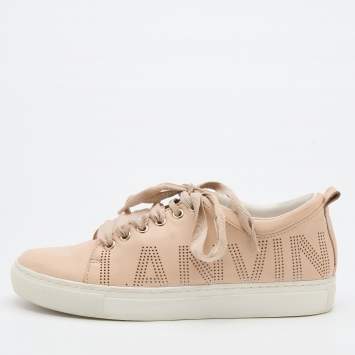 Pre Owned Lanvin Beige Leather Perforated Logo Low Top Sneakers Size 37