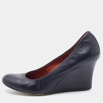 Pre Owned Lanvin Black Leather Wedge Pumps Size 37.5