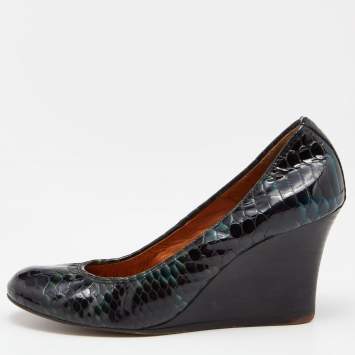 Pre Owned Lanvin Green Python Embossed Leather Wedge Pumps Size 37