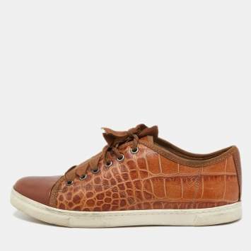 Pre Owned Lanvin Brown Embossed Croc and Leather Low Top Sneakers Size 39