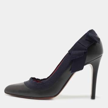 Pre Owned Lanvin Black/Navy Blue Leather and Ribbon Bow Pumps Size 38