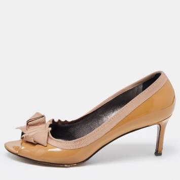 Pre Owned Lanvin Brown Patent Leather And Fabric Grosgrain Bow Peep Toe Pumps Size 41