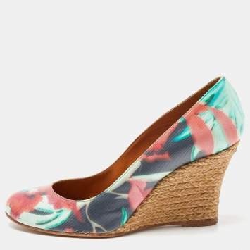 Pre Owned Lanvin Muticolor Floral Print Coated Canvas Wedge Pumps Size 36