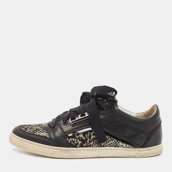 Pre Owned Lanvin Black Leather and Fabric Low Top  Sneakers  Size 38