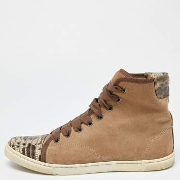 Pre Owned Lanvin Brown Suede and Lizard Embossed Leather High Top Sneakers Size 38