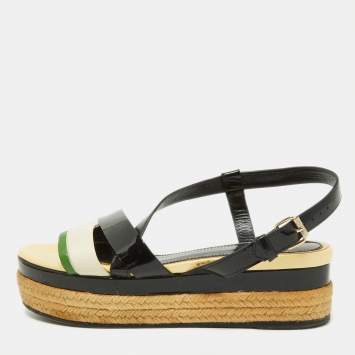 Pre Owned Lanvin Tricolor Patent and Leather Espadrille Platform Sandals Size 37