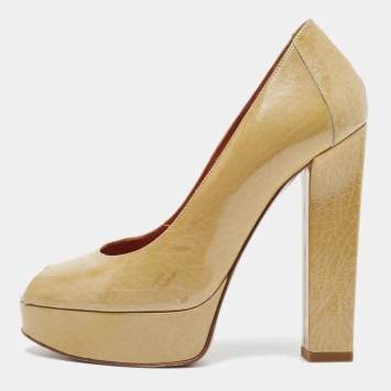Pre Owned Lanvin Olive Green Textured Leather Peep Toe Platform Pumps Size 35