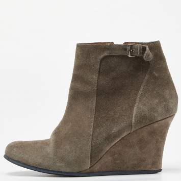 Pre Owned Lanvin Olive Green Suede Ankle Boots Size 40