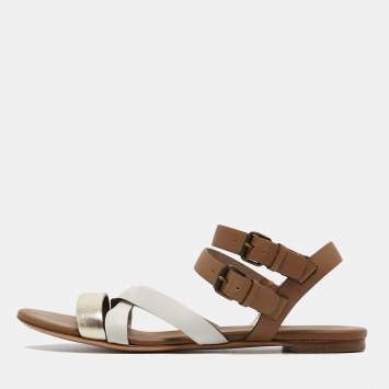 Pre Owned Lanvin Metallic/White Leather Ankle Strap Slide Flats Size 38